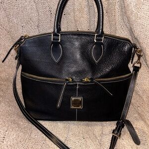 Dooney & Bourke Black Pebbled Leather Satchel Crossbody White Stitch 1975